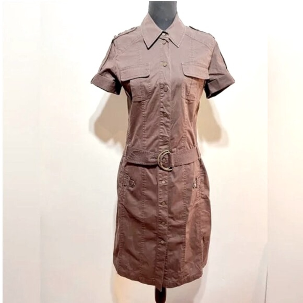 Vintage Kenneth Cole Reaction Belted Cargo Brown Utility Shirt Dress Trench Sz 6